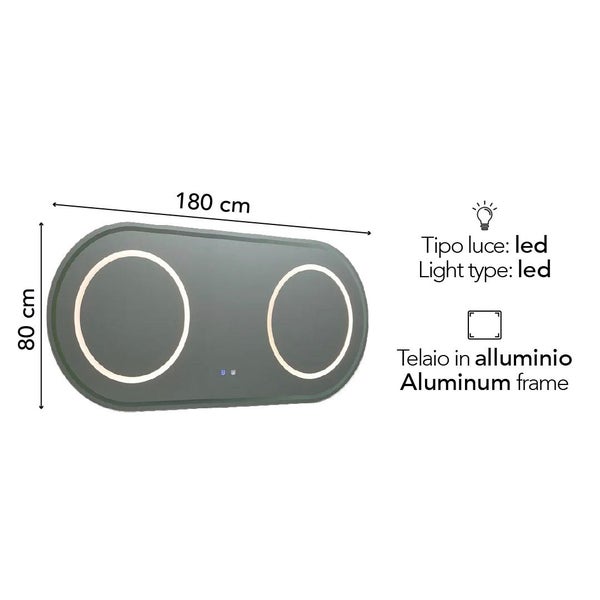 Ovaler Badezimmerspiegel mit Aluminiumrahmen, zwei integrierten runden LED-Leuchten und Touch-Funktion, Maße 180 mal 80 Zentimeter.