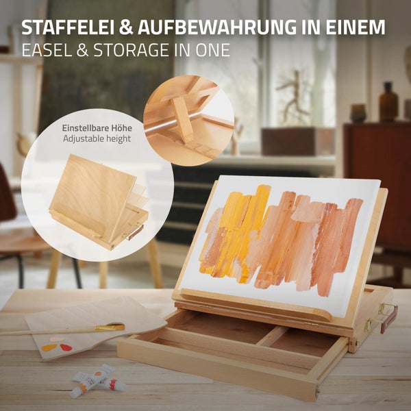 ECD Germany Tischstaffelei aus Holz mit Schublade und Palette, Holzstaffelei klein mit Aufbewahrungsfach, Sitzstaffelei tragbar & verstellbar, Kofferstaffelei zum Malen & Zeichnen, Malkoffer Malkasten