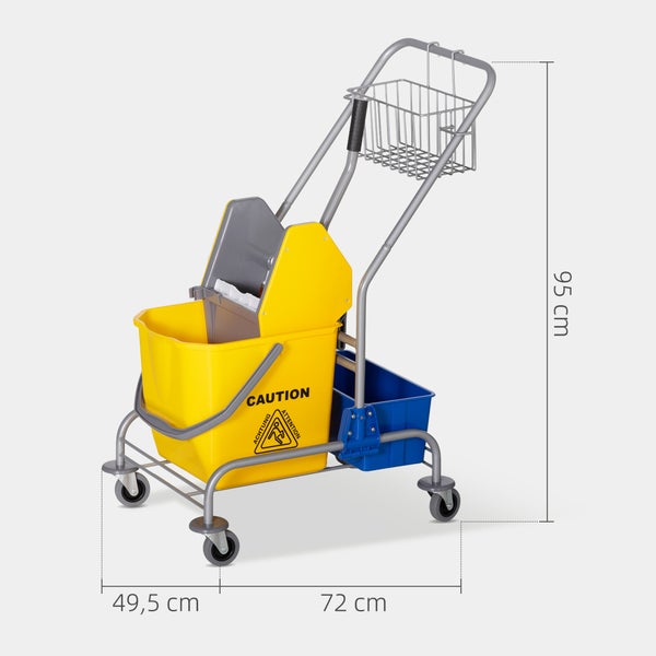 Professioneller Reinigungswagen mit Presse, Wischeimer und Ablagekorb, Maße 72 mal 49,5 mal 95 Zentimeter.