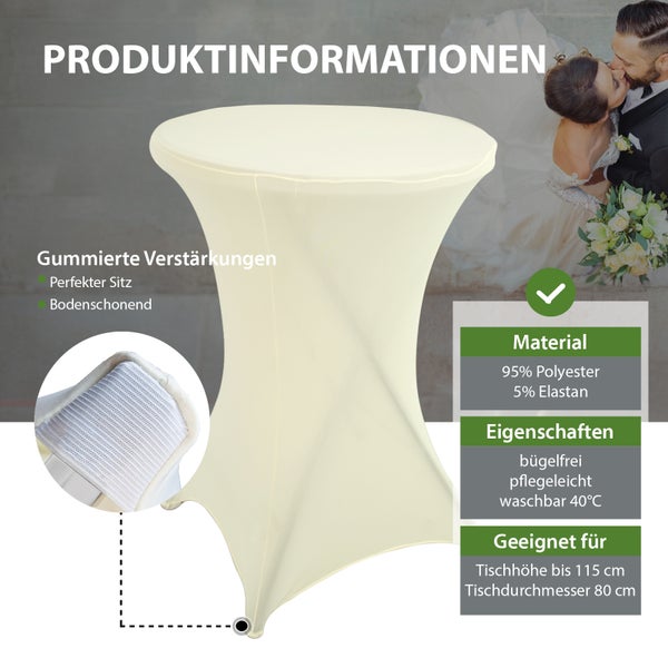 Set Stehtisch klappbar Ø 80 cm in Weiß & Husse Beige bügelfrei Gastrotisch Bistrotisch Partytisch