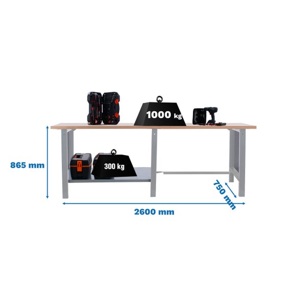 Werkbank BUFFALO WOOD | HxBxT 86,5x260x75cm | Traglast 1000kg | Grau