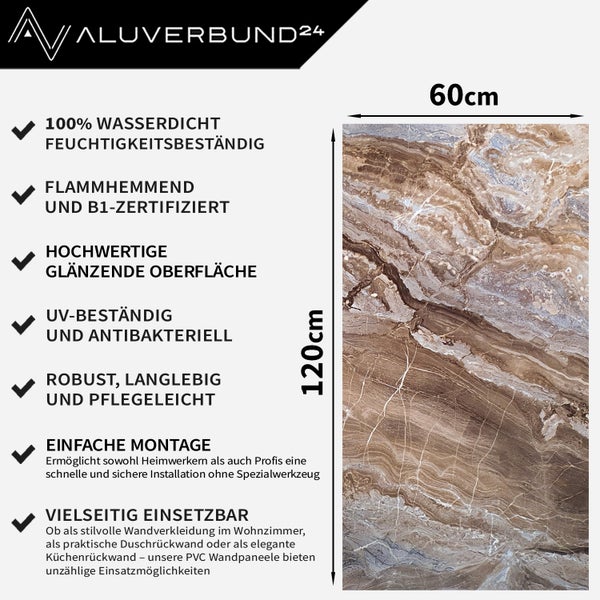 Aluverbund24 Logo. Wandpaneel mit Marmoroptik, 60 mal 120 Zentimeter, wasserdicht, feuchtigkeitsbeständig, schwer entflammbar, B1 zertifiziert, glänzende Oberfläche, UV beständig, antibakteriell, robust, langlebig und pflegeleicht.