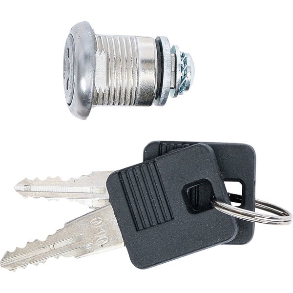 Zylinderschloss aus Metall mit zwei Schlüsseln und schwarzen Kunststoffgriffen.