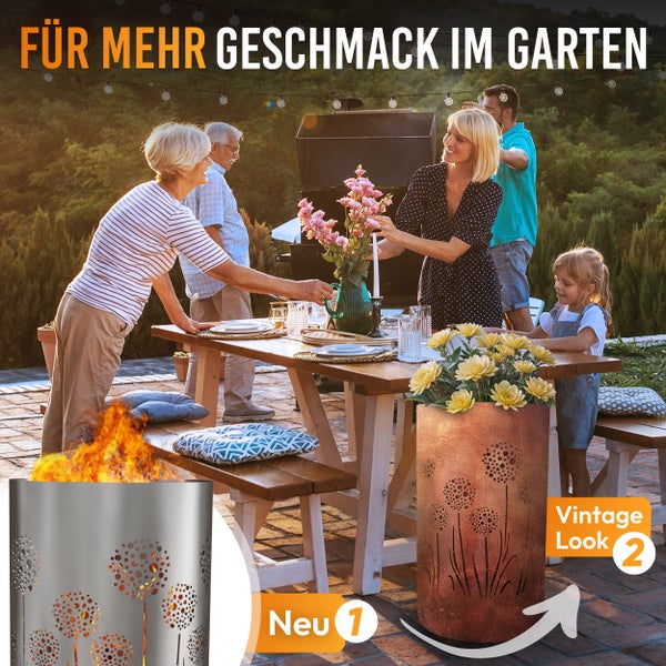 Szene einer Gartenparty mit Feuerkorb und Pflanzenkübel mit Deko im Vintage-Look