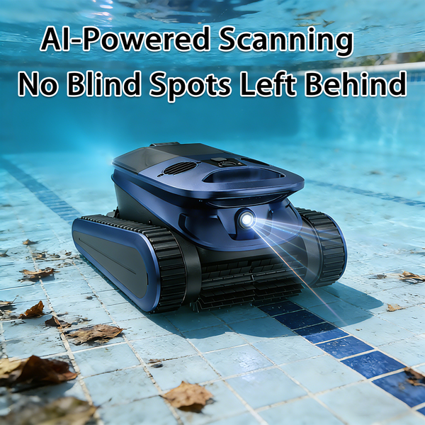 Roboter-Poolreiniger mit Raupenantrieb scannt den Fliesenboden eines Schwimmbeckens unter Wasser.