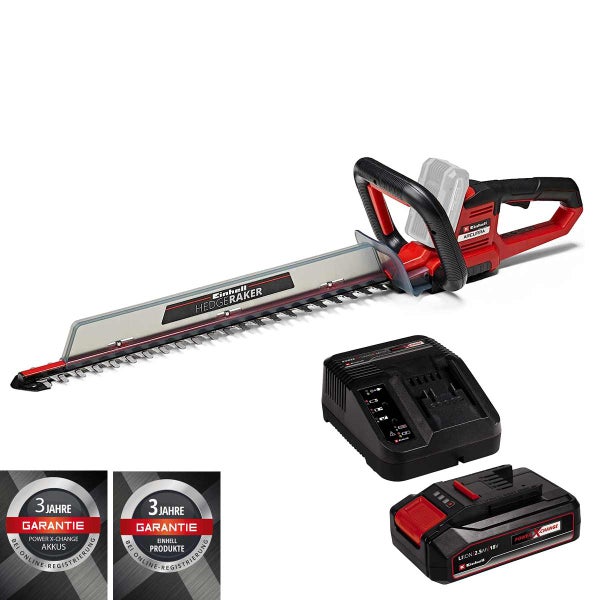 Einhell Akku-Heckenschere Arcurra mit Hedgeraker-Aufsatz, inklusive Power X-Change Akku und Ladegerät sowie Siegeln für 3 Jahre Garantie.