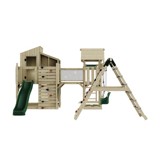 Spielanlage aus Holz mit Rutsche, Schaukel und Kletterwand für Kinder