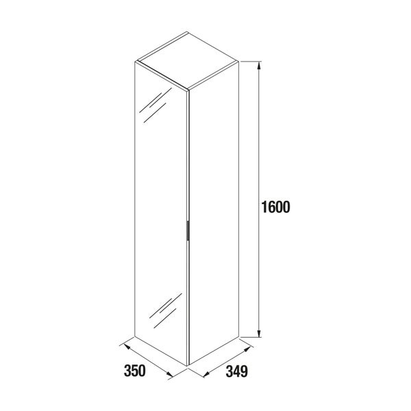 Maßzeichnung Hochschrank mit einer Tür. Höhe 1600 Millimeter, Breite 350 Millimeter, Tiefe 349 Millimeter.