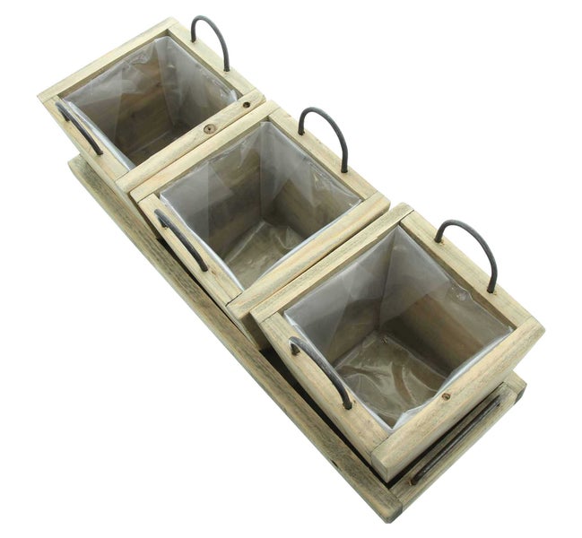 FRANK FLECHTWAREN | Holzpflanzer Recycling-Chic, Tablett 47 x 16 x 3 cm, Kasten 15,5 x 15,5 x 13 cm, HOLZ, FOLIE, METALL,