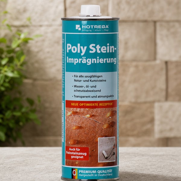 Hotrega Poly Stein Imprägnierung für Natur- und Kunststeine, wasser- und ölabweisend, atmungsaktiv, geeignet für Feinsteinzeug, 1 Liter Flasche