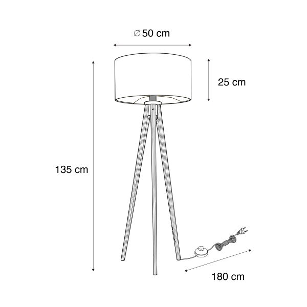 Maßzeichnung einer Stehleuchte mit Stativgestell und Lampenschirm, Gesamthöhe 135 Zentimeter, Schirmdurchmesser 50 Zentimeter.