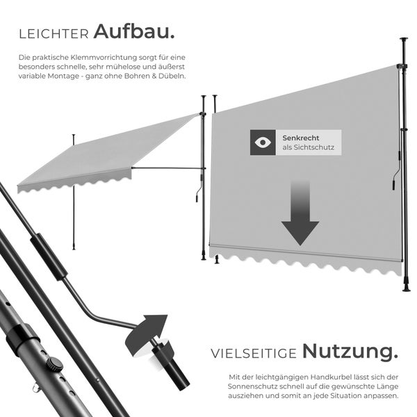 Klemmmarkise mit Teleskopstangen zur Montage ohne Bohren, nutzbar als Sonnenschutz oder senkrechter Sichtschutz, Bedienung per Handkurbel.