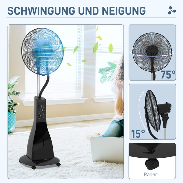 Standventilator mit Sprühnebelfunktion, 75 Grad Schwenkfunktion, 15 Grad Neigungswinkel und Rollen am Sockel.