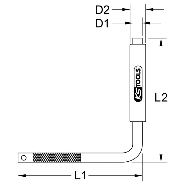 Technische Zeichnung eines Winkelstiftschlüssels mit Maßangaben und KS Tools Logo.