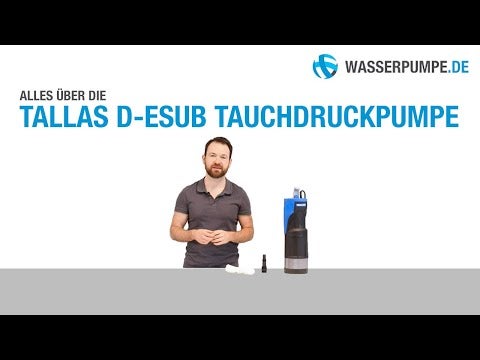 Präsentation der Tallas D-ESUB Tauchdruckpumpe mit Produktinformationen und Wasserpumpe.de Logo.