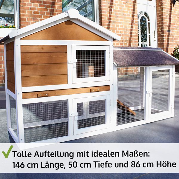 Kleintierstall aus Holz mit Freilaufgehege, zwei Etagen, Maße 146 Zentimeter Länge, 50 Zentimeter Tiefe und 86 Zentimeter Höhe.