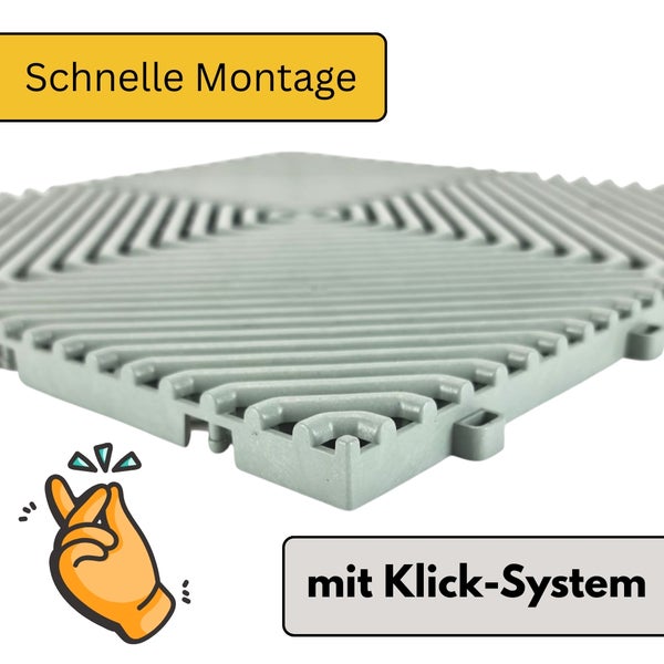 Kunststoff-Bodenfliese mit Klick-System für schnelle Montage, gerippte Oberflächenstruktur.