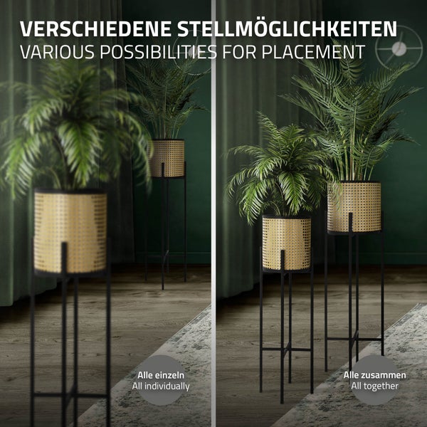 ML-Design Blumenständer 2er Set Schwarz-Gold 16,5x16,5x80,5 cm/19x19x90 cm, Stahl, Blumentopfständer mit Übertopf, Metall Pflanzenständer, Blumentopfhalter 2-tlg, Pflanztopf Blumensäule Blumenhocker