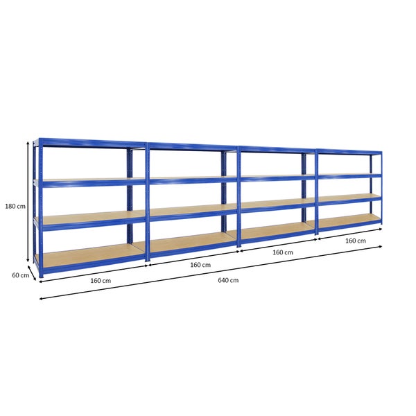 PROREGAL Mega Deal 4x Schwerlastregal Dino HxBxT 180 x 160 x 60 cm Fachlast 600 kg Blau