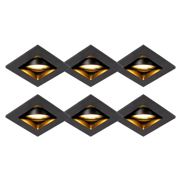 6er-Set quadratische Einbaustrahler mit schwarzem Rahmen und goldener Innenseite