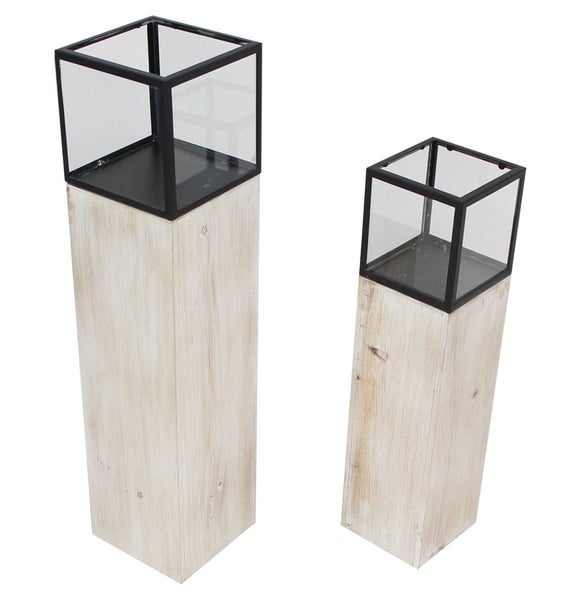 FRANK FLECHTWAREN | Windlichtsäule Modern, 2er Set, METALL, HOLZ, GLAS, 15 x 15 x 60 cm, 18 x 18 x 78 cm