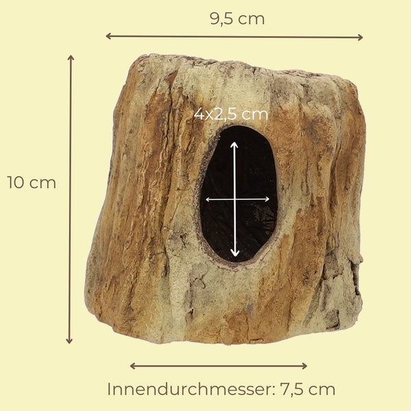 Baumstamm-Dekoration für Aquarien: Höhe 10 Zentimeter, Breite 9,5 Zentimeter, Innendurchmesser 7,5 Zentimeter, Öffnung 4 mal 2,5 Zentimeter.