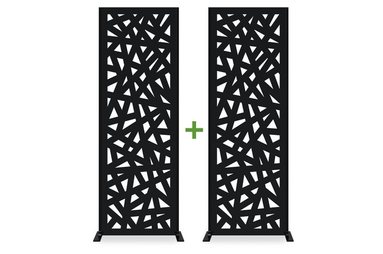 Zwei Sichtschutzpaneele aus Metall mit geometrischem Muster und Standfüßen.