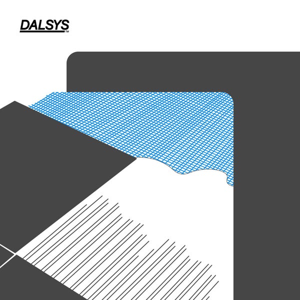 Dalsys Logo und Illustration eines Profils mit integriertem Gewebe und Kleberillen für die Fliesenverlegung.