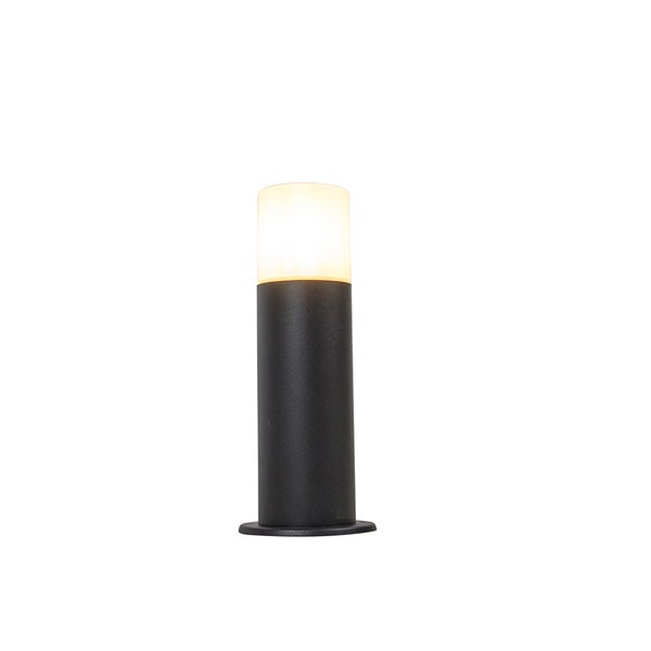 Zylindrische Pollerleuchte für den Außenbereich in Schwarz mit leuchtendem Diffusor.