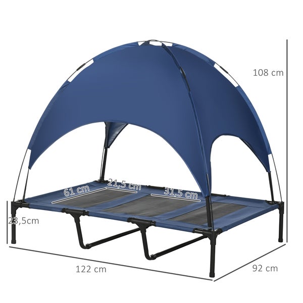 PawHut Erhöhtes Hundebett mit Baldachin, Haustierbett, Hundeliege outdoor mit Dach, Atmungsaktiv, Taftstoff für Camping Dunkelblau 122 x 92 x 108 cm