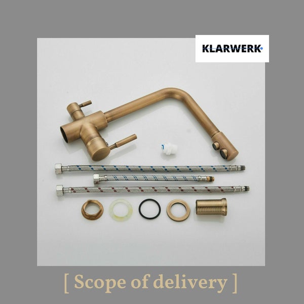 Lieferumfang der Klarwerk Küchenarmatur in Bronze-Optik mit Anschlussschläuchen, Dichtungen und Montagematerial.