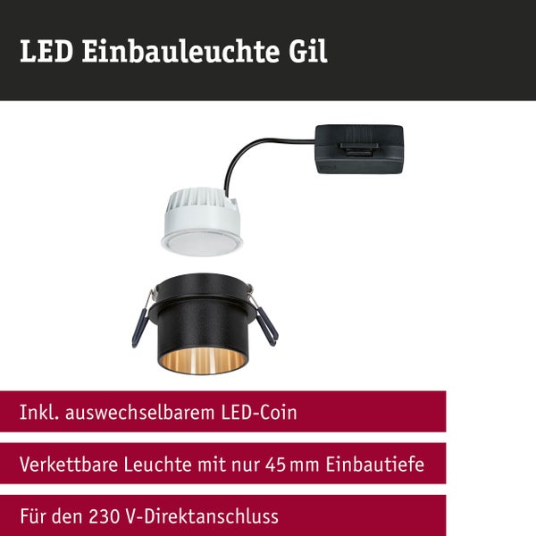 LED-Einbauleuchte Gil inklusive auswechselbarem LED-Coin, 45 Millimeter Einbautiefe, verkettbar, für 230 Volt Direktanschluss.