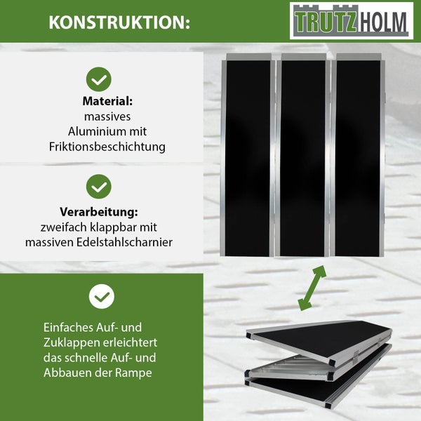 Trutzholm Logo. Zweifach klappbare Rampe aus Aluminium mit rutschhemmender Beschichtung und Edelstahlscharnieren, offen und gefaltet dargestellt.