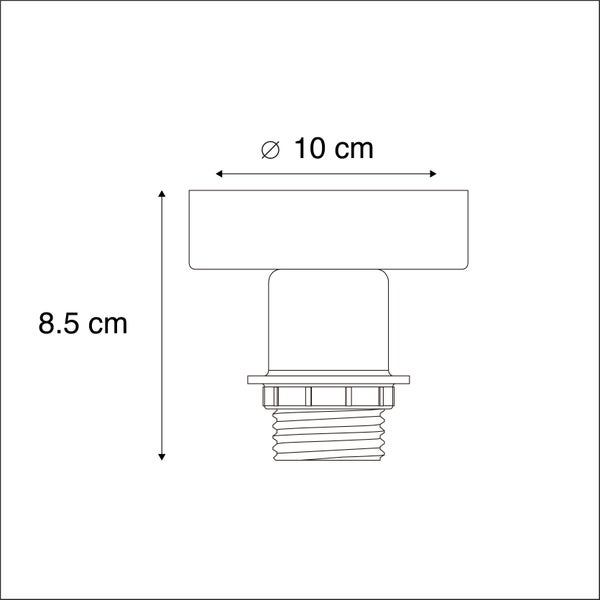 Maßzeichnung einer Lampenfassung mit einem Durchmesser von 10 Zentimetern und einer Höhe von 8,5 Zentimetern.