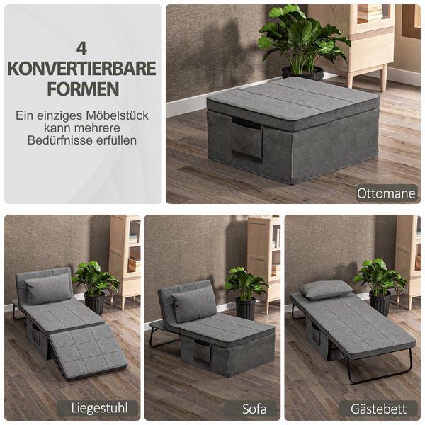 HOMCOM 4-in-1 Klappbett 75x190 cm, Erwachsene Gästebett Klappbar mit 8 cm Dicker Schaumstoff, Reisebett mit Metallrahmen, 5-stufig höhenverstellbares Einzelbett mit Kissen, bis 150 kg belastbar
