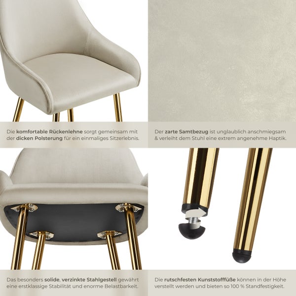 Barstuhl tectake Avane 48,5 x 57 x 108 cm, Belastbarkeit 120 kg in Samtoptik, gepolstert creme/gold