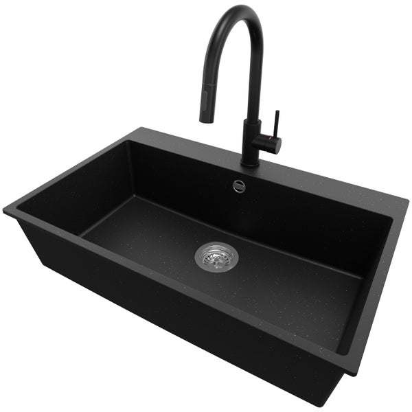 PRIMAGRAN Granitspüle Schwarz Metallic 78x50cm, Spülbecken 1 Becken + Küchenarmatur 40x20cm + Ablauf-Set, Küchenspüle ab 80er Unterschrank - Riga