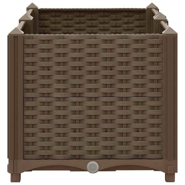 Quadratisches Hochbeet in brauner Rattan-Optik aus Kunststoff.