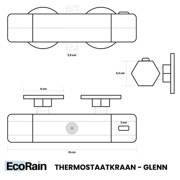 EcoRain Thermostatarmatur Glenn 15 CM Anschlussabstand - Messing & Keramikscheiben - Bad- & Duscharmatur - Universeller Anschluss - Korrosionsbeständig - Cooltouch - Schwarz