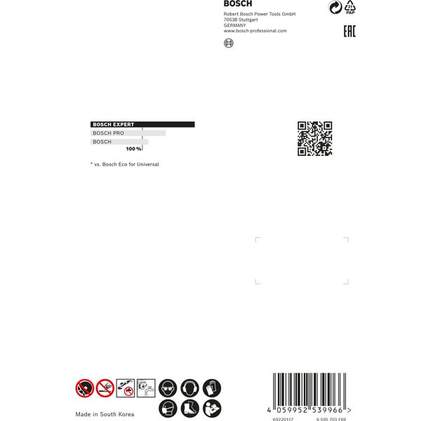 Bosch Expert Vergleichsgrafik, Bosch Logo, Papierverpackungssymbol, EAC Zeichen, QR Code, Barcode, Sicherheitshinweise und Herstellungsland.