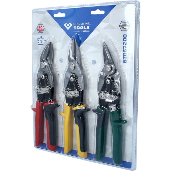Brilliant Tools Logo. Dreiteiliger Blechscheren-Satz BT067200 mit zehn Jahren Garantie für gerade, linke und rechte Schnitte in Metall.