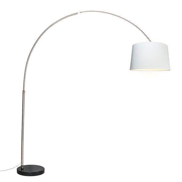 QAZQA - Modern Bogenleuchte I Bogenlampe I Lampe I Leuchte Stahl I Silber I nickel matt Stoffschirm weiß 45 cm - XXL I Wohnzimmer - Stahl Länglich - LED geeignet E27