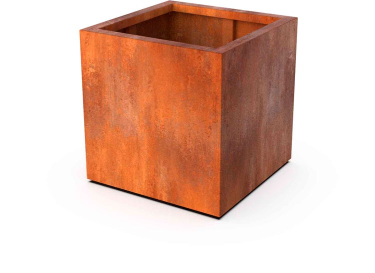 Quadratischer Pflanzkübel aus Cortenstahl in Rostoptik.