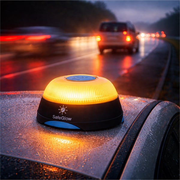 LED-Warnleuchte SafeGlow auf einem Autodach bei Nacht