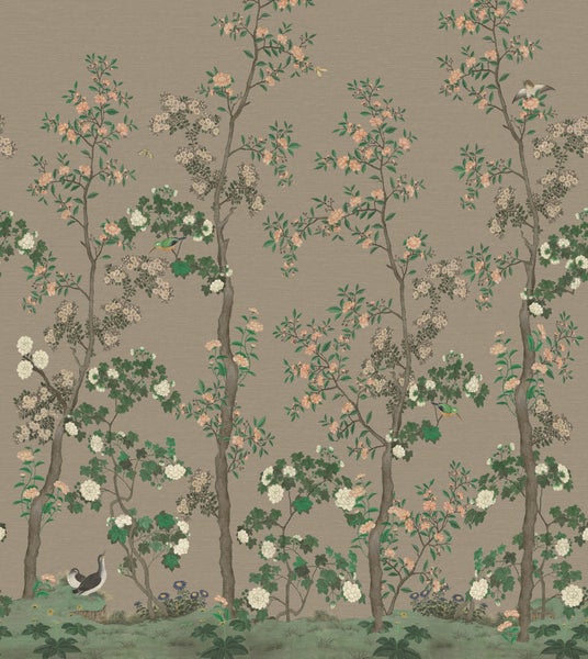 Vliestapete mit Chinoiserie Motiv mit blühenden Bäumen Vögeln und Blumen auf strukturiertem Untergrund