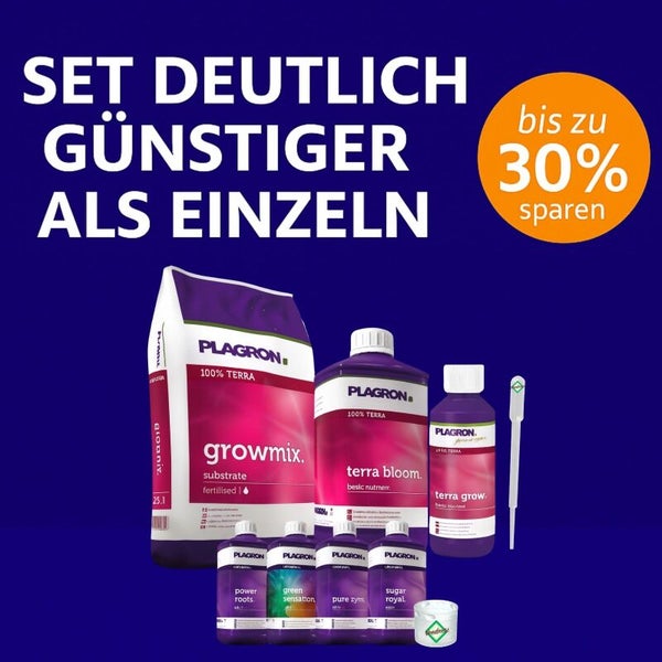 Plagron Terra Anbauset mit Growmix Substrat, Terra Bloom, Terra Grow und verschiedenen Pflanzenzusätzen.