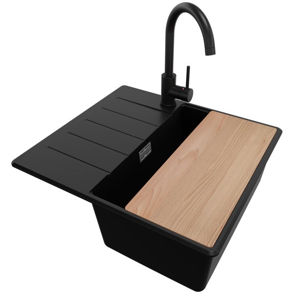 PRIMAGRAN Granitspüle Schwarz 55x50cm, Spülbecken 1 Becken + Küchenarmatur 32x20cm + Ablauf-Set + Schneidebrett, Küchenspüle ab 40er Unterschrank - Kopenhagen