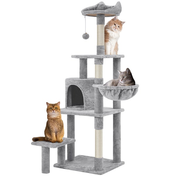 Katzenkratzbaum mit mehreren Ebenen, Höhle und drei Katzen
