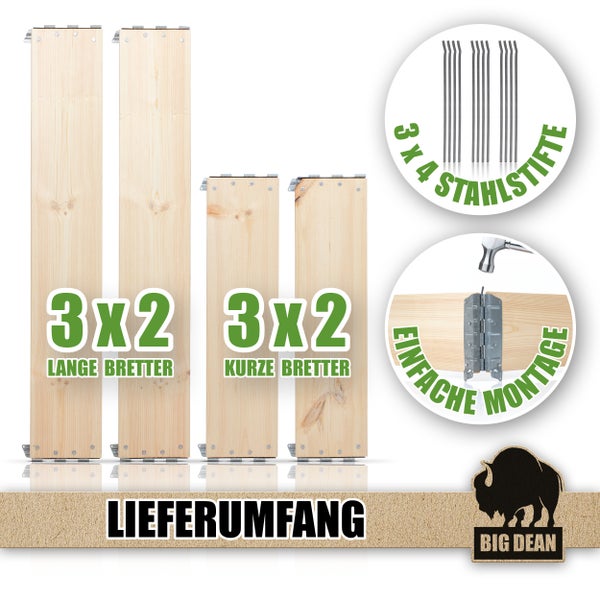 Lieferumfang mit langen und kurzen Brettern, Stahlstiften und einfacher Montage