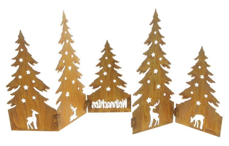 Dekorativer Raumteiler mit weihnachtlichem Motiv, bestehend aus Tannenbäumen, Sternen und Hirschen